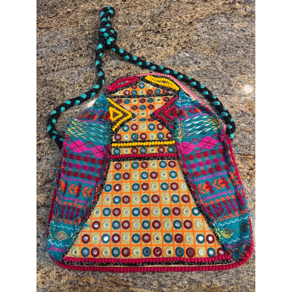Big Buddha Embroidered Mirror Accent Messenger Bag Turquoise Pink Yellow Boho - Picture 7 of 7